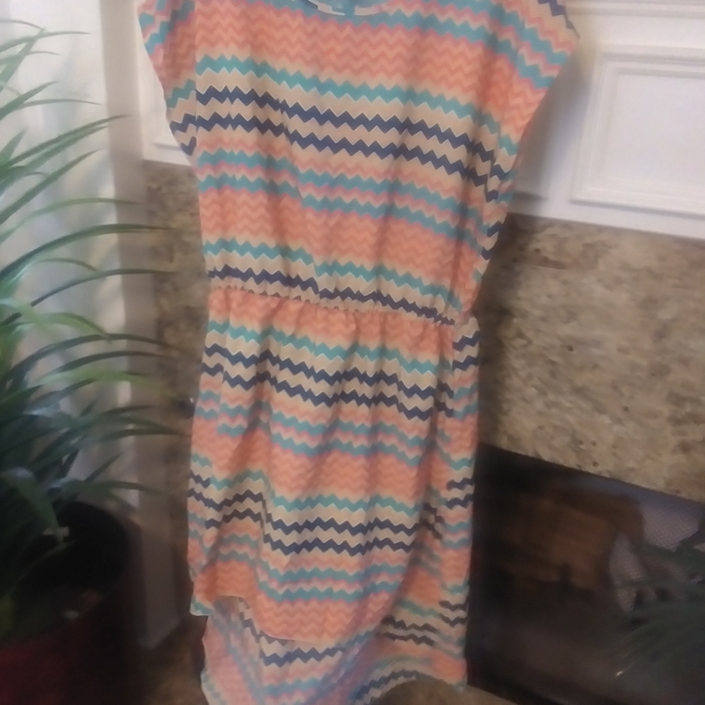Bloom. High Low Multi Colored Chevron Pattern Orange, Blue Cinched Waist